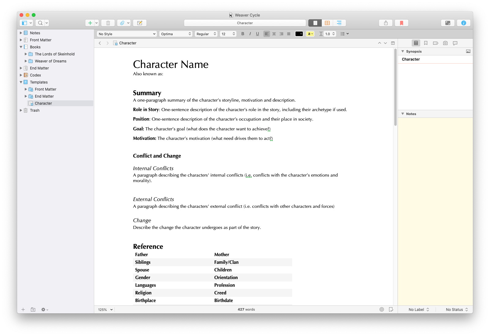 Character template in scrivener
