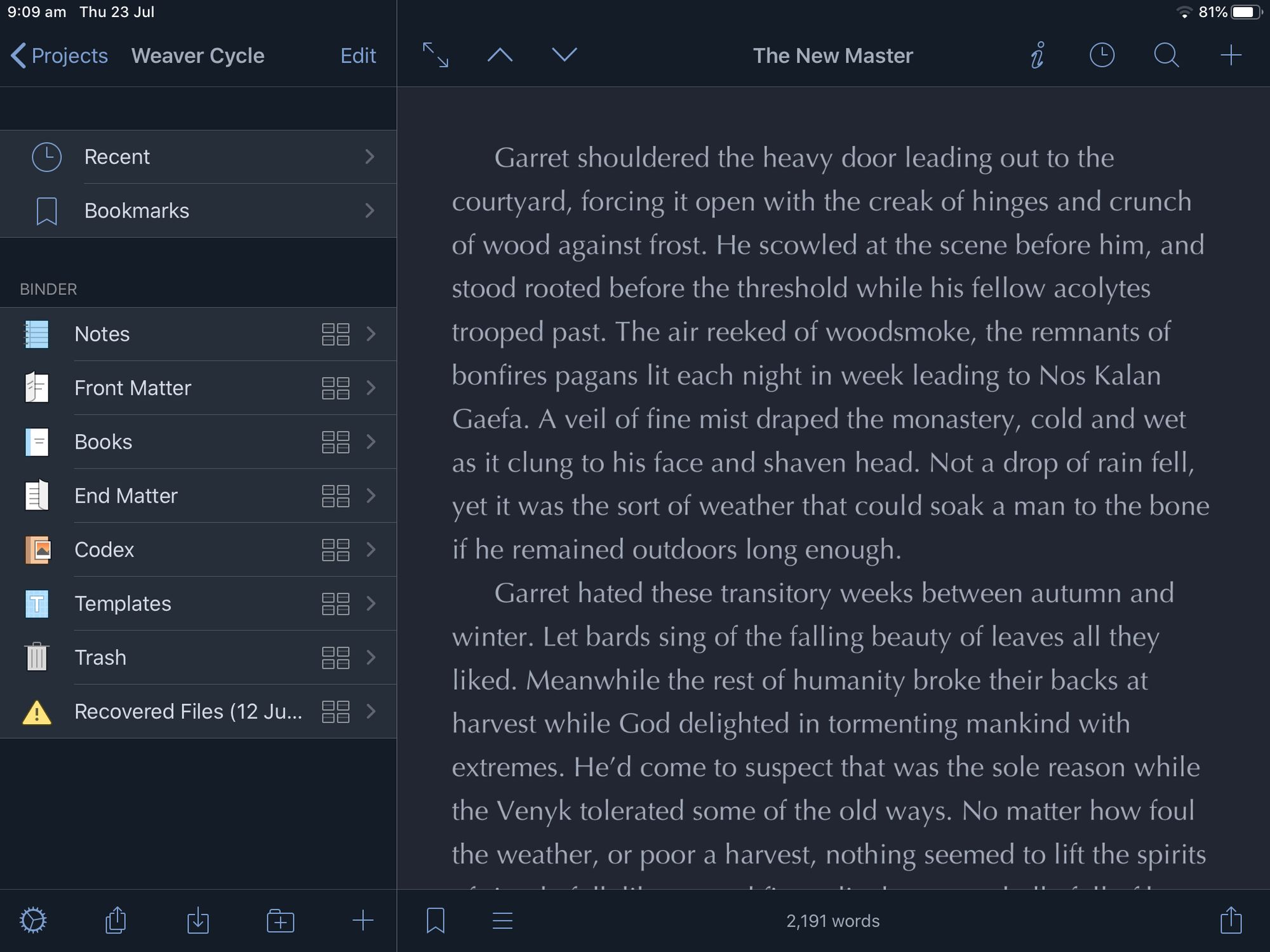 Scrivener for iPad in dark mode