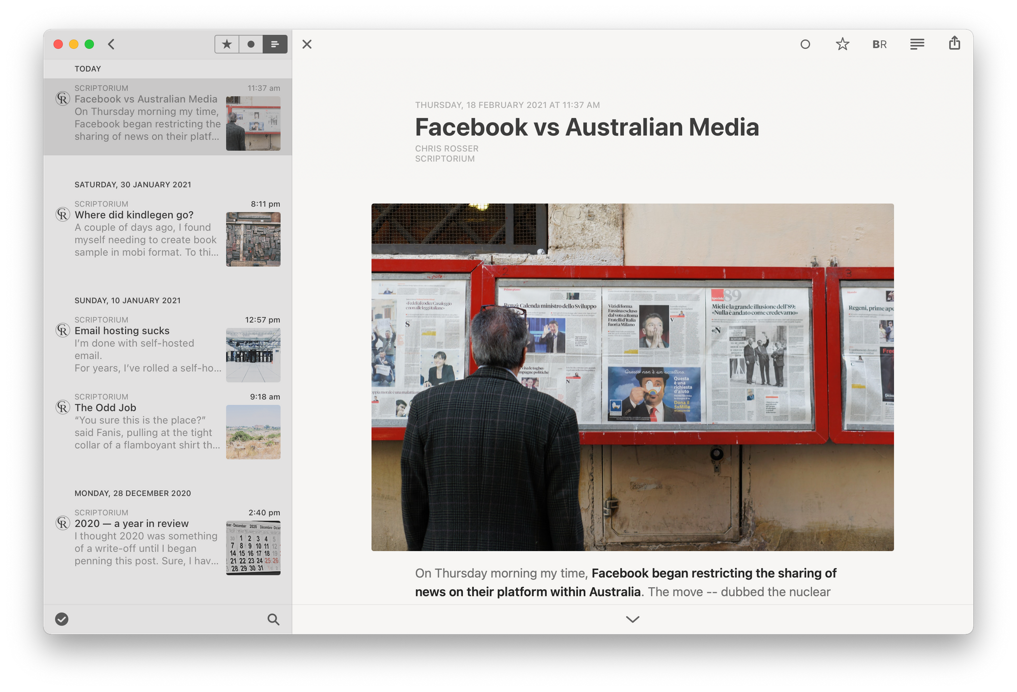 My website's feed displayed in Reeder 4 for macOS