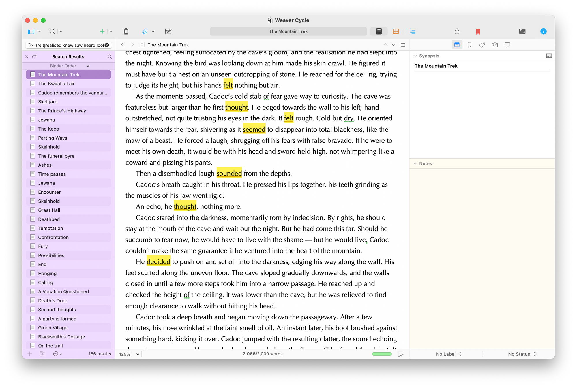 Scrivener search results and word highlights